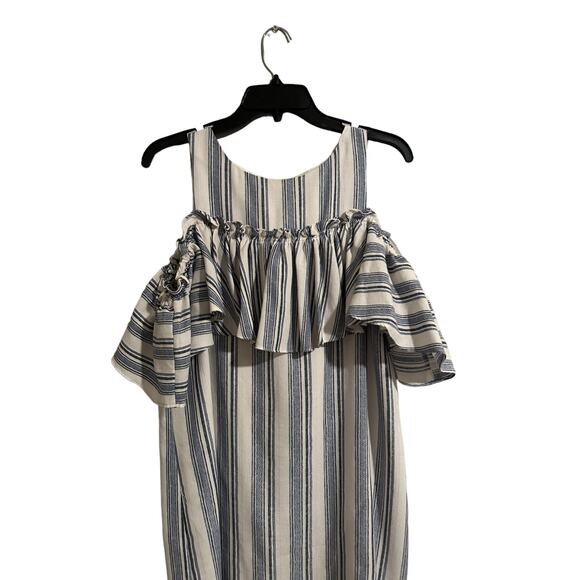 Gianni Bini Women's Medium Blue White Striped Off Shoulder Ruffle Mini Dress - Picture 3 of 13